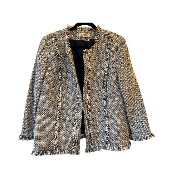 Kasper tweed fringed blazer size 16 metallic thread preppy work classic bling - Picture 1 of 9